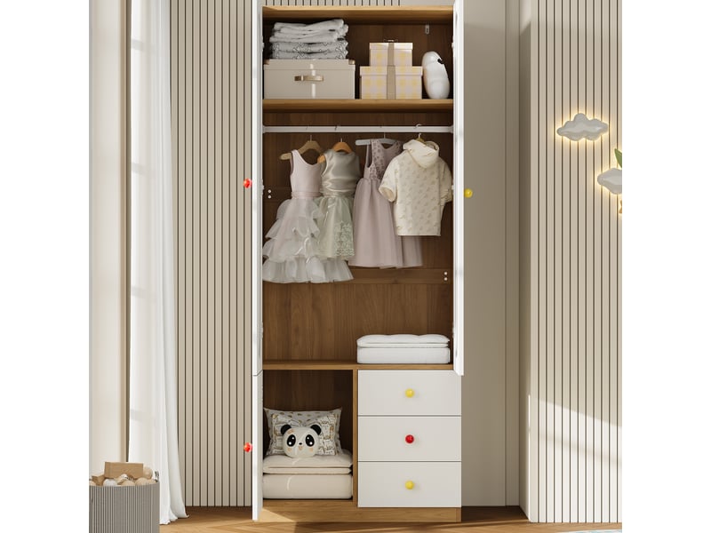  Armoire 2 portes avec tiroirs, meuble enfant blanc, tringle et poignées en céramique colorées  - Conforama E