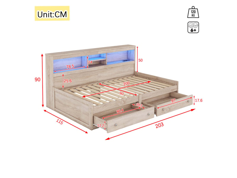 Lit banquette 90x200 lit de jour avec tiroirs et sommier - éclairage led prises usb bois naturel - Conforama C