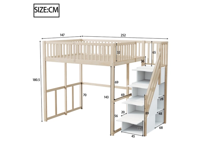Lit mezzanine 140x200 cm avec escalier de rangement, garde-corps, structure en bois, couleur bois naturel, sans matelas - Conforama C