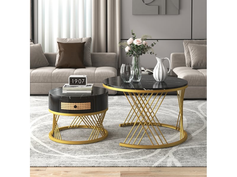  Table basse ronde 2-en-1 70x70-50x50 cm, plateau effet marbre, tiroirs rotin, poignées bois, pieds dorés, mdf noir  - Conforama D