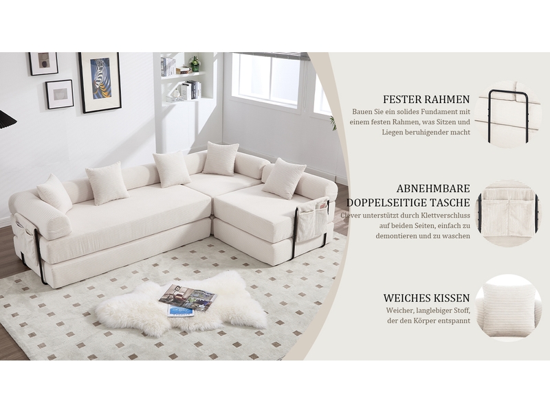 Canapé modulaire avec rangement 270x180x64 cm en velours côtelé beige, 3 places et modules séparables - Conforama E