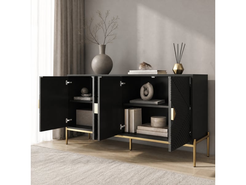 Buffet bas 4 portes noir avec motifs géométriques et détails dorés, 162 x 40 x 80 cm - Conforama C
