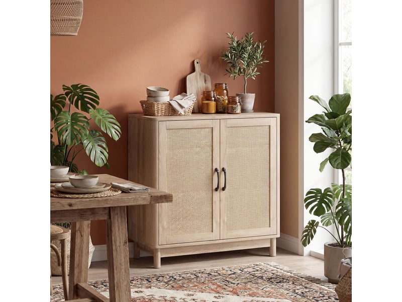  Buffet salon, meuble de rangement avec 2 portes en rotin, étagère réglable et bords arrondis, chêne, 76 x 35 x 75,5 cm  - Conforama D