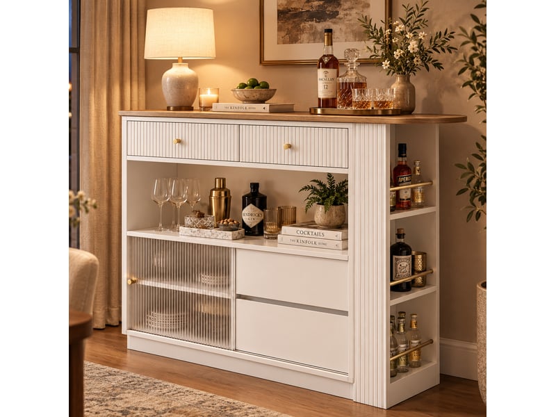 Îlot de cuisine extensible avec bar pivotante à 360°, rangement et led, blanc  - Conforama D