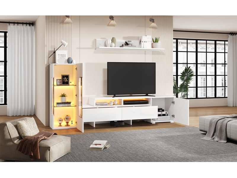  Ensemble meuble tv blanc brillant 3 pièces avec led, pour téléviseur jusqu’à 70 pouces, blanc  - Conforama D