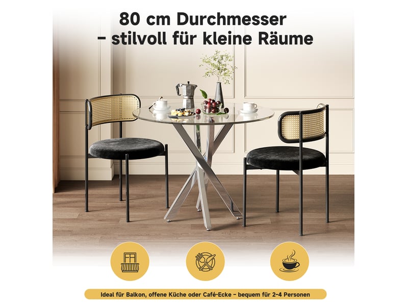  Table à manger ronde, ø80 cm, plateau en verre trempé, salle à manger, pratique, verre trempé et verre, coloris argenté  - Conforama D