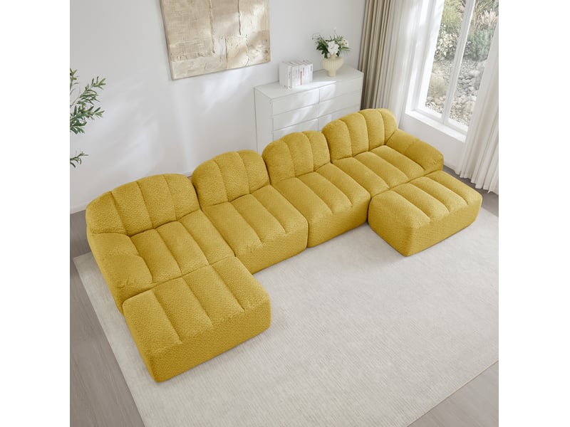 Canapé modulable ulevr 4 places en u avec 2 poufs, tissu bouclette jaune, 366 x 165 x 79 cm - Conforama D