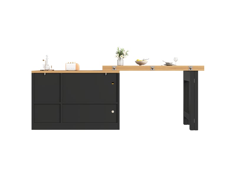 Îlot de cuisine extensible 120-200 cm avec led rgb, 3 tiroirs et 3 portes vitrées, table bar en mdf noir - Conforama E