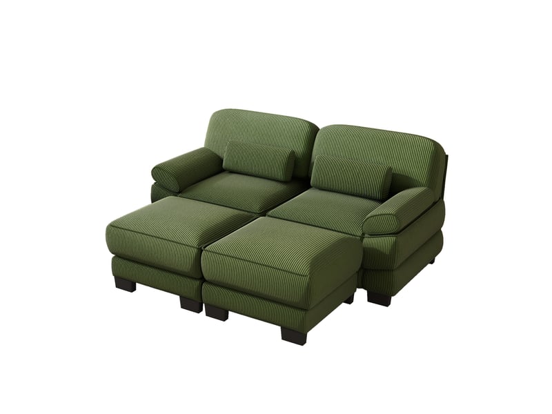  Canapé droit modulaire 2 places en velours côtelé vert avec 2 poufs  - Conforama A