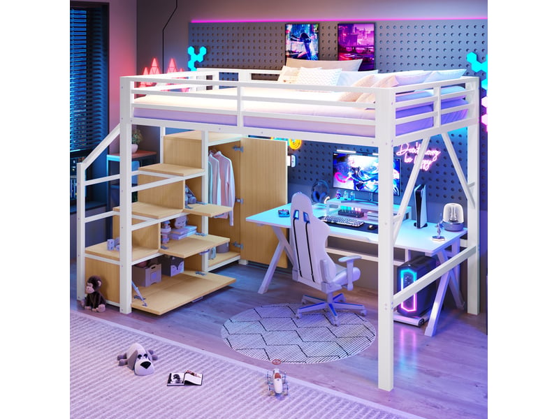 Lit mezzanine 140x200 cm avec rangement, armoire, led et escalier, blanc - Conforama B