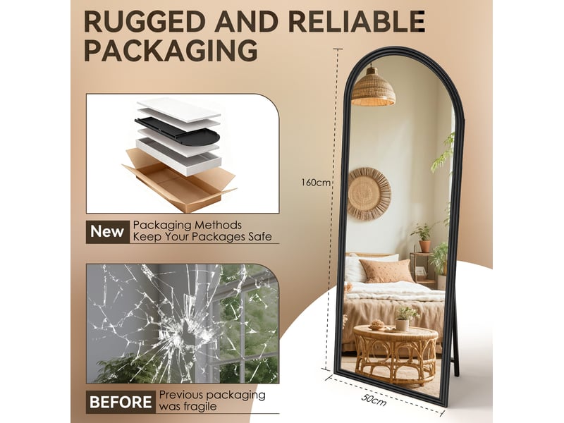  Miroir en pied 160 x 50 cm – noir – cadre en bois, forme arrondie et pied métal inclinable pour maison et commerce  - Conforama C