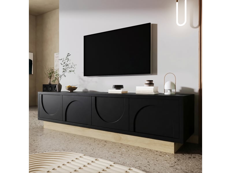  Meuble tv noir 175 cm, veinage bois, design incurvé minimaliste, portes push-to-open, noir et bois  - Conforama D