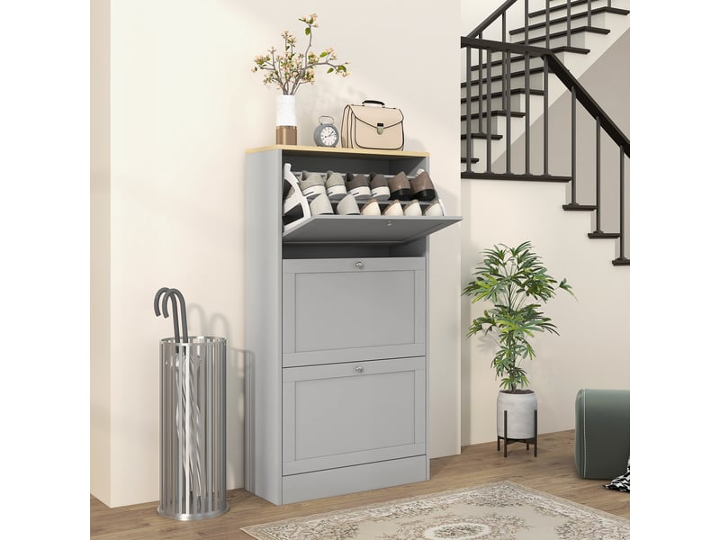  Meuble à chaussures 18 paires, armoire à chaussures avec 3 tiroirs rabattables, étagères réglables, gris, 60x23,5x115cm  - Conforama D