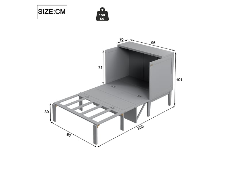  Lit escamotable vertical 90x200 cm avec sommier à lattes gris et rangement  - Conforama C