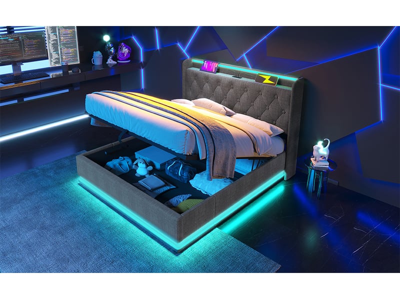 Lit coffre 140x200 cm - lit coffre capitonné double avec rangement hydraulique, led et ports usb-c, tissu lin gris, matelas inclus - Conforama D