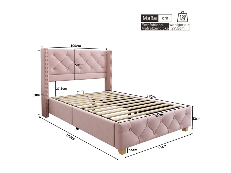  Lit simple capitonné 90x190 cm - avec sommier à lattes et tête de lit - capitonnage à boutons - tissu velours - gris (sans matelas)  - Conforama C