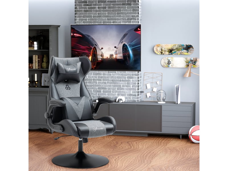  Chaise de gaming chaise de bureau ergonomique avec base ronde hauteur réglable accoudoir relevable coussins tétière et lombaires pu gris noir  - Conforama D