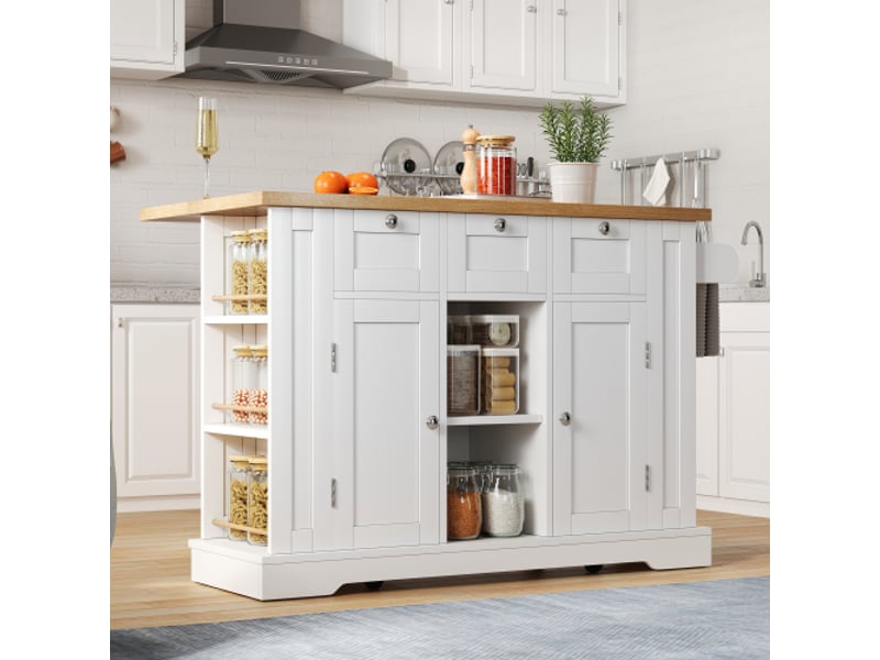  Desserte de cuisine mobile 132x40(70)x87 cm avec plan rabattable blanc et naturel  - Conforama B