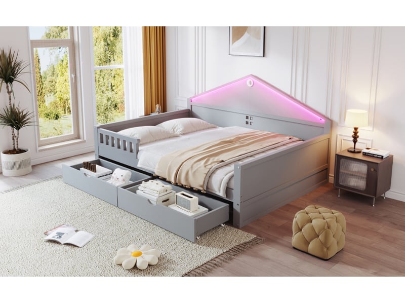  Lit enfant 140x200 cm gris bois massif mdf avec sommier à lattes deux tiroirs rangement et bandeau led Sol Morn - Conforama E