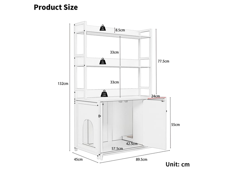 Meuble cache-litière noir avec rangement 3 niveaux et 2 portes - Conforama C