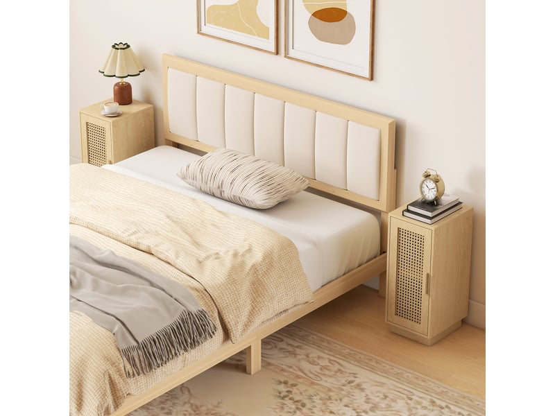 Lot de 2 tables de chevet, étagère réglable et porte en résine tressée, bohème, 25 x 30 x 60 cm, bois naturel  - Conforama D