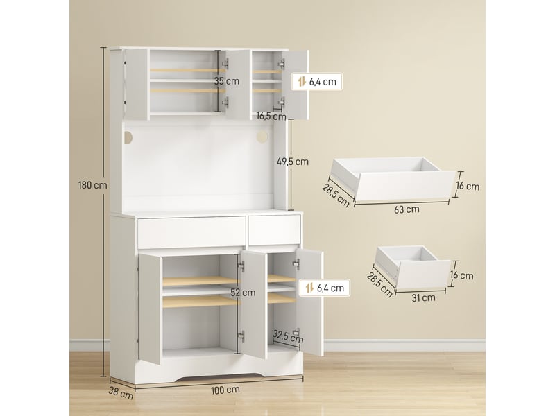  Buffet cuisine meuble cuisine rangement haut avec lumière led rgb, plan de travail, 6 portes, blanc, 2 tiroirs  - Conforama C
