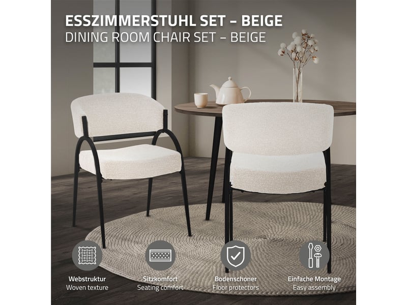  Ml-design lot de 2 chaises de salle à manger rembourrées en tissu bouclé, avec accoudoirs et dossier incurvée, cadre en acier, rembourrage confortable, pour salon cuisine bureau, 120 kg, beige ECD Germany GmbH - Conforama B