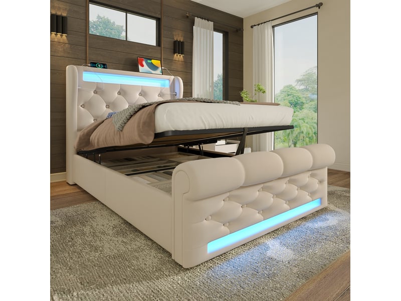  Lit coffre 1 place 90x200 cm en velours beige avec led, usb et usb-c  - Conforama D