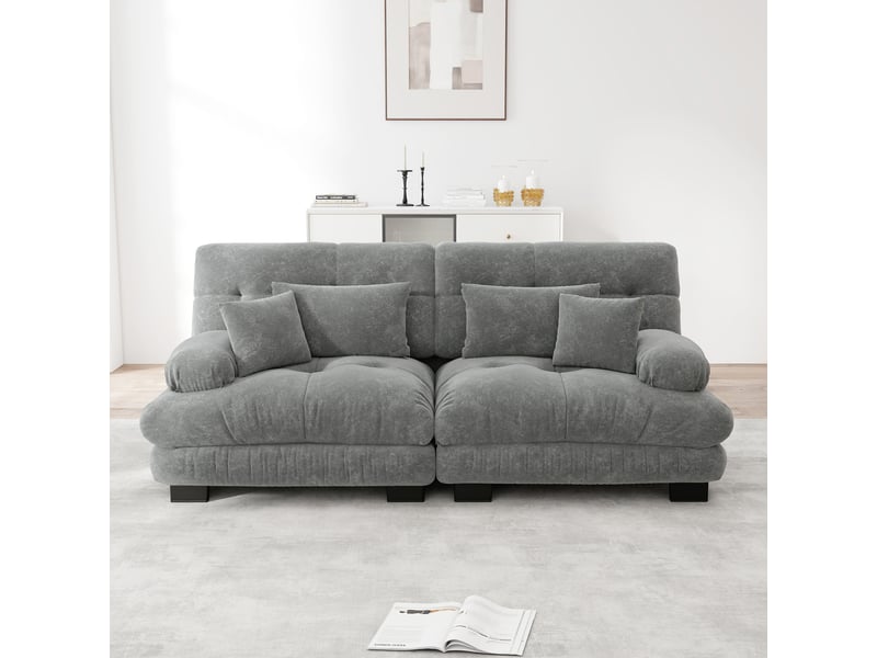 Canapé d'angle modulable - forme l - coussins lombaires - tissu chenille - structure en bois massif - mobilier de salon - gris CozyNest - Conforama B