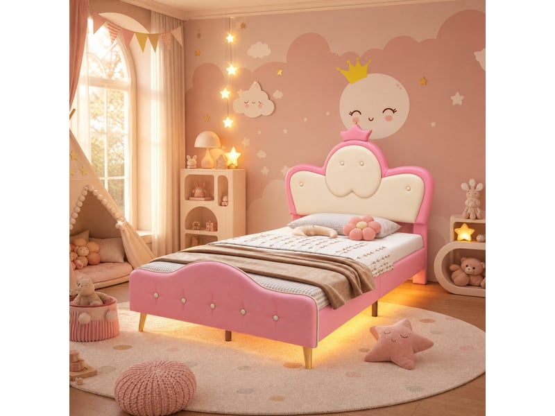  Lit enfant une place rembourré rose et blanc avec led, 90 x 200 cm  - Conforama B