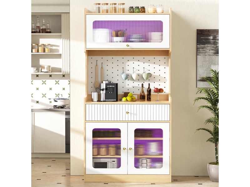  Meuble haut couleur naturelle avec led - verre cannelé, étagères réglables - salle à manger  - Conforama C