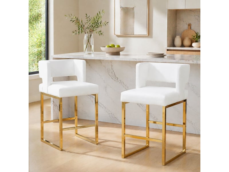  Tabouret de bar 2 pièces avec assise rembourrée, structure stable et entretien facile, en pu blanc et doré  - Conforama C