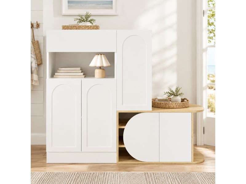  Meuble à chaussures 130 × 35 × 110,5 cm en mdf avec banc, 1 tiroir et 5 portes blanc et effet bois chicfurn  - Conforama C