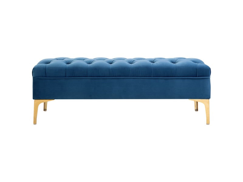  Banc capitonné avec assise en velours et piètement en métal doré, 118 x 45 x 42 cm, bleu  - Conforama B