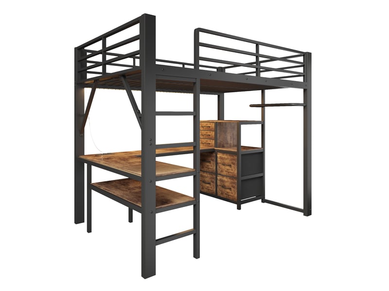  Lit mezzanine 140 × 200 cm led usb-c noir et brun avec bureau et rangements IKSETERA TRADING LTD - Conforama W
