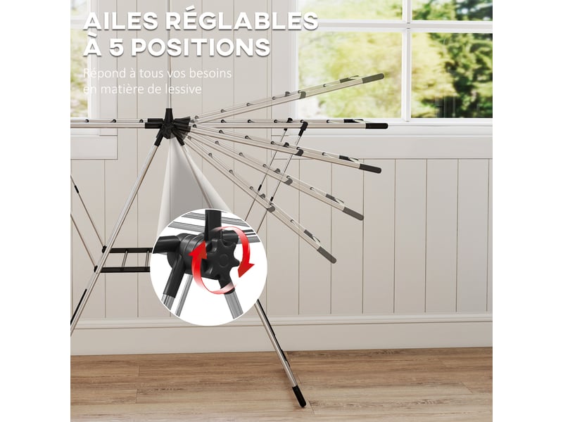  Séchoir à linge étendoir pliable, ailes réglables 5 niveaux, 4 supports à chaussures, acier inoxydable, argenté  - Conforama E