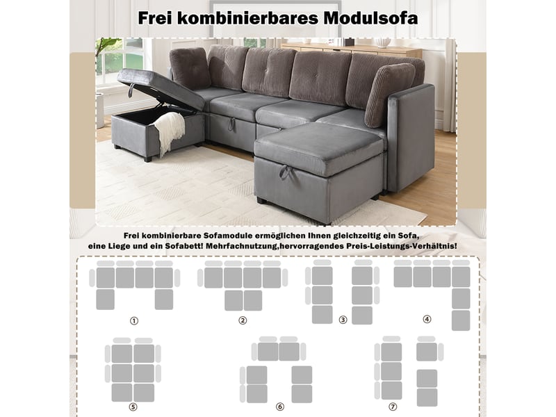  Canapé modulable en u 6 places, canapé d'angle gris antique avec coffre de rangement, velours et velours côtelé (261x132.5cm)  - Conforama R