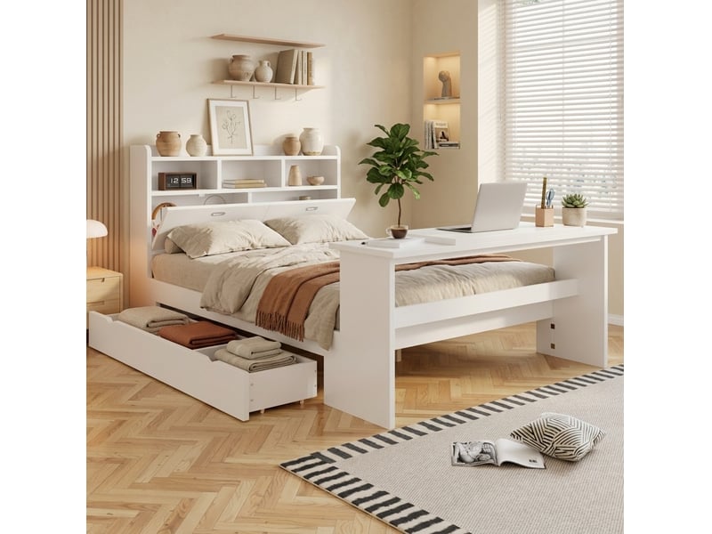  Lit enfant 140x200 cm avec tiroir, rangements et table rabattable blanc  - Conforama D