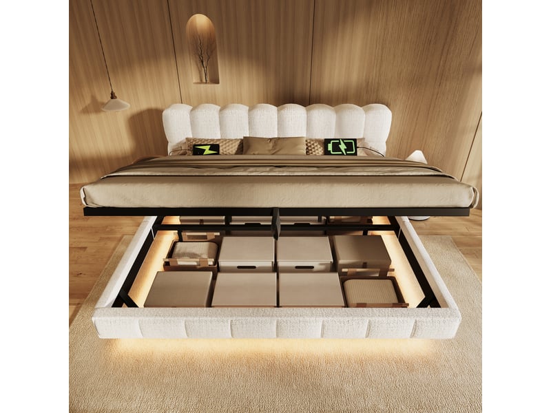 Lit coffre bubble en chenille beige 180x200 cm avec led, usb et type-c Fay Lum - Conforama E