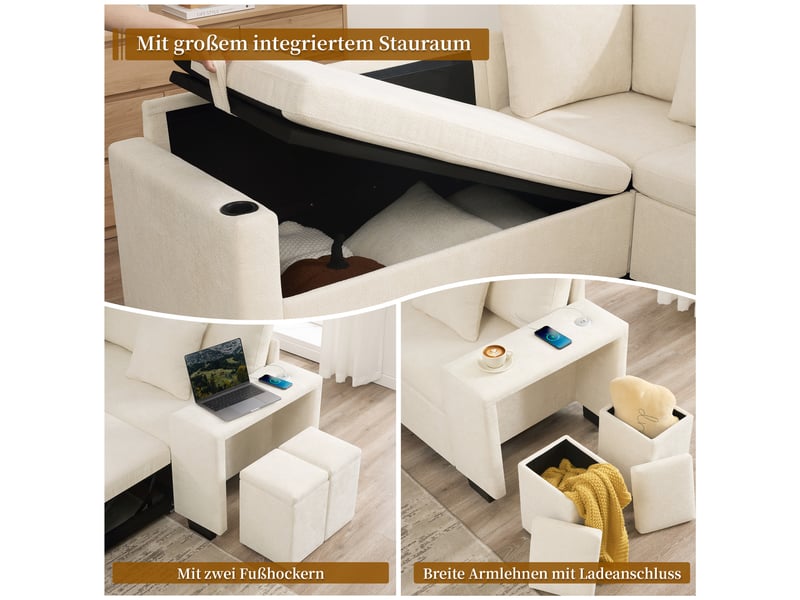  Canapé d'angle convertible 5 places 220 × 205 × 86,5 cm, méridienne réversible avec rangement, usb et usb-c, pouf coffre, chenille, beige OMNIGLINT TRADING LTD - Conforama E