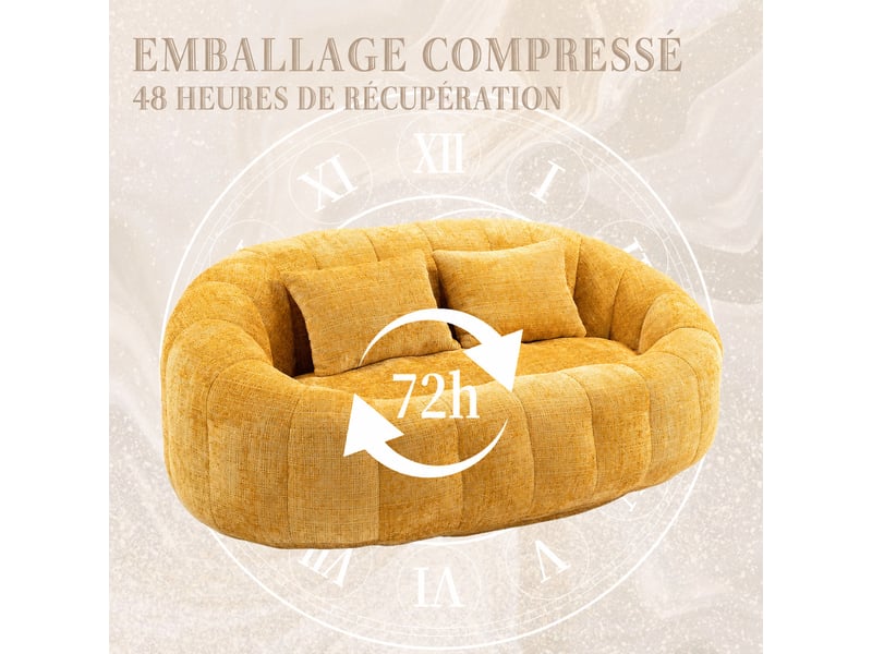 Canapé pouf 2 places lazy - 150 x 95 x 63 cm - avec 2 coussins et mousse à mémoire - chenille jaune - Conforama E