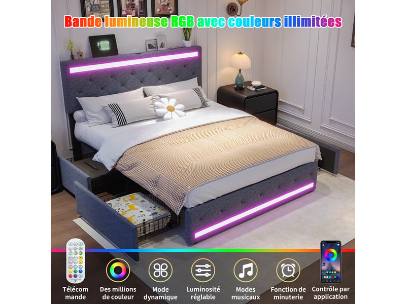  Lit double rembourré 160x200 avec 4 tiroirs, led et usb, lit 2 places avec tête de lit réglable, sommier à lattes, sans matelas, lin gris  - Conforama E