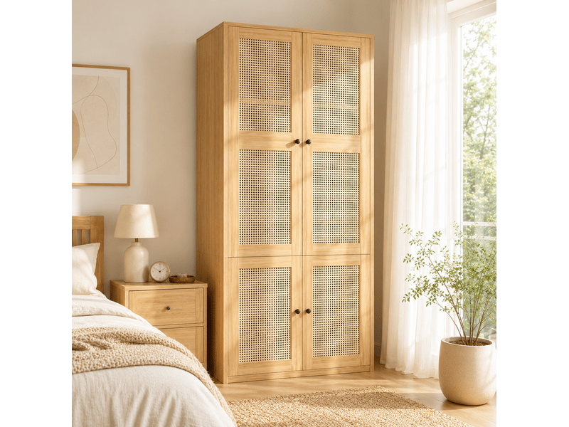 Armoire 90x47x200 cm en mdf coloris chêne avec portes en rotin et 3 tiroirs - Conforama B