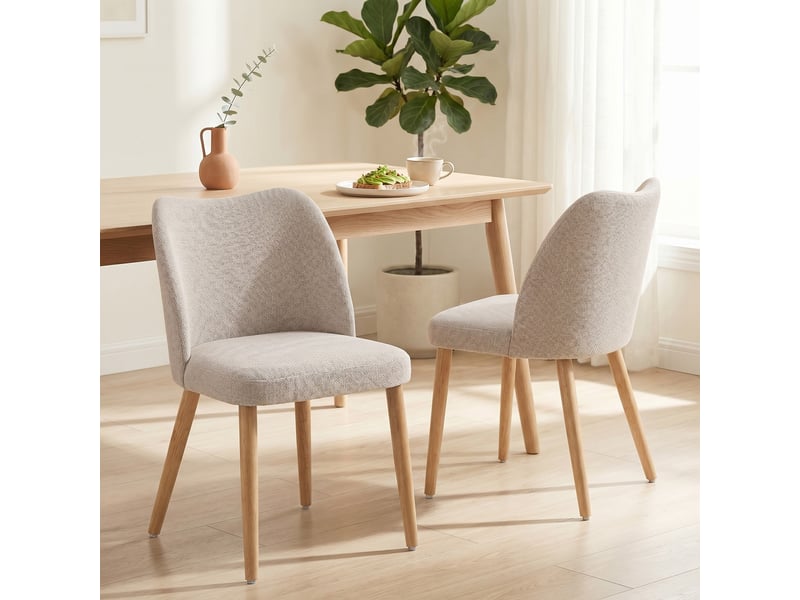  Lot de 2 chaises salle à manger effet lin et hévéa dossier courbé crème  - Conforama D