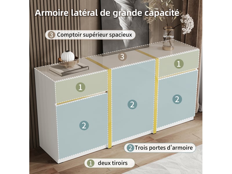 Buffet de rangement 160x40x78 cm, armoire de rangement, meuble de salon, 3 portes et 2 tiroirs, mdf et aggloméré, blanc  - Conforama E
