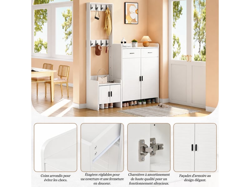 Meuble d'entrée avec rangement chaussures, 2 portes, 2 tiroirs, 8 patères, 125 x 32 x 165 cm, blanc - Conforama D