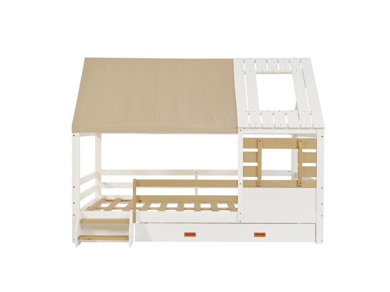 Lit cabane 120x200 cm, blanc et bois naturel, avec toit en tissu amovible, fenêtre latérale, grand tiroir et barrières de protection - Conforama A