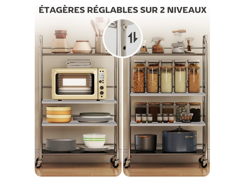  Desserte de cuisine à 4 niveaux à roulettes en acier inoxydable argenté 60 x 35 x 100 cm  - Conforama E