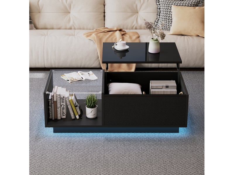 Table basse led relevable 100 x 50 cm avec rangement et 2 tiroirs, noire - Conforama D
