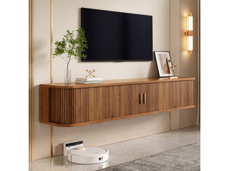  Meuble tv suspendu noyer 175cm avec portes coulissantes nervurées, meuble tv mural avec led contrôlable par application, design arrondi.  - Conforama R